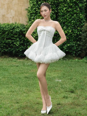 Strapless Bow Ruched Frill Lace Mini Dress