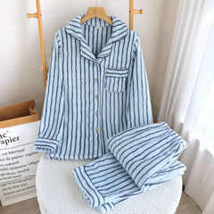 Fuzzy Stripe Button Down Long Sleeve Shirt And Pants Pj Set