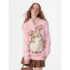 Pink High Neck Zipper Cartoon Graphic Knit Pullover