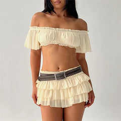 Ruffled Off-the-Shoulder Crop Top and Tiered Mini Skirt Set