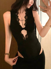 Black Lace Knotted Hollow Out Sleeveless Bodysuit