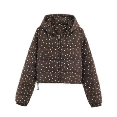 Polka Dot Zip Up Drawstring Hem Hooded Jacket