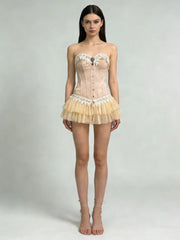 Strapless Lace Fitted Corset Tulle Mini Skirt Set