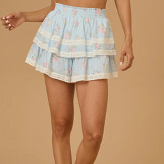 Floral Print Lace Trim Layered Ruffle Mini Skirt