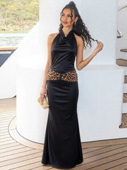 Black Satin Open Back Halter Leopard Sequins Patchwork Maxi Dress