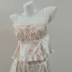 Floral Bow Satin Crop Top And Shorts Sleepwear Set