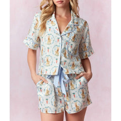 Bunny Carrot Print Button Up Tops And Drawstring Shorts Pajamas Set