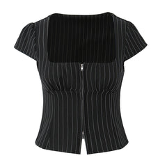 Striped Square Neck Short Sleeve Double Zipper Top