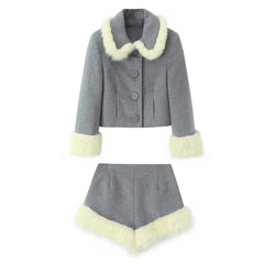 Grey Button Up Fur Trim Collar Crop Jacket And Shorts Set