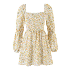 Yellow Floral Print Square Collar Smocked Long Sleeve Mini Dress