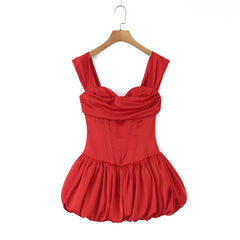 Satin Off-Shoulder Corset Bubble Hem Mini Dress
