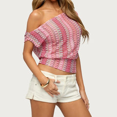 Off One Shoulder Striped Sheer Cinched Waist Top