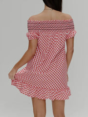 Red Plaid Slash Neck Short Sleeve Mini Dress