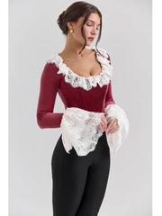 Long Sleeve Lace Flare Trim Corset Top