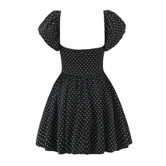 Black Dot Print Puff Sleeve Mini Dress