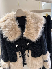 Black Fur Pulsh Flannel Shirt And Pants Pajama Set