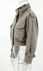 Faux Suede  Stand Collar Zip Up Flap Pockets Cropped Jacket