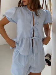 Front Tie Plaid Puff Sleeve Peplum Shirt And Shorts Set
