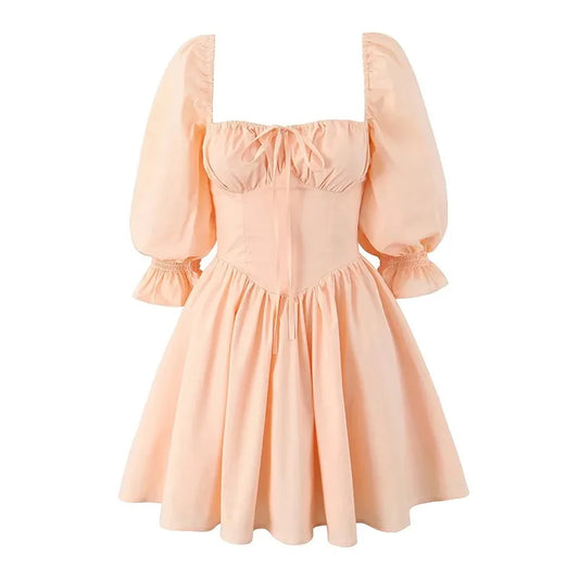 Orange Puff Quarter Sleeve Square Neck Mini Dress