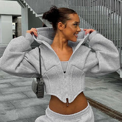 Grey Cropped Corset Zipper Hoddie