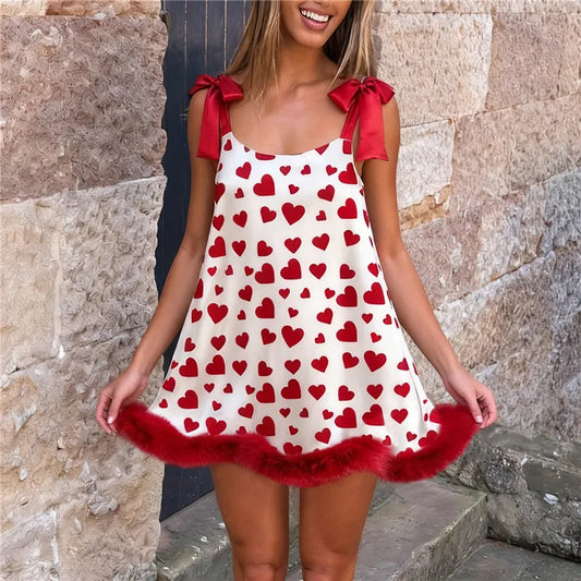 Heart Print Fur Ruffle Tie Strap Mini Dress