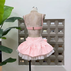 Gingham Spaghetti Strap Bow Tulle Hem Mini Dress