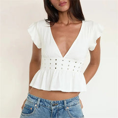 Studded Frill Sleeve Deep V Neck Top