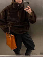 Faux Fur  Stand Collar Zip Long Sleeve Sweatshirt