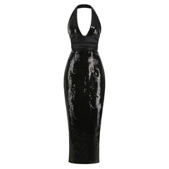 Black Sequin Halter V-Neck Pleated Satin Patchwork Maxi Dress