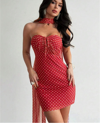 Red Dotted Tie Up Strapless Mini Dress With Scarf