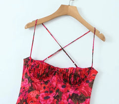 Red Floral Print Bustier Strappy Mini Dress