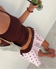 Brown Cami Crop Top And Polka Dot Mini Skirt Set