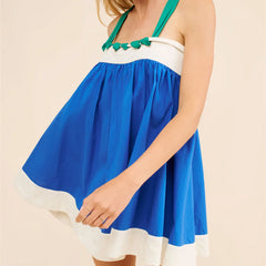 Blue Halter Neck Tie Bow Mini Dress