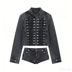 Denim Embroidered Button Jacket And Micro Shorts Set