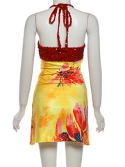 Yellow Floral Print Red Sequin Patchwork Mini Dress