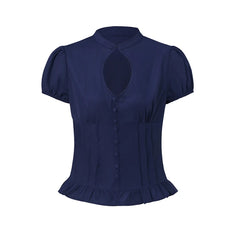 Front Keyhole Cut Out Button Ruffle Hem T-shirt