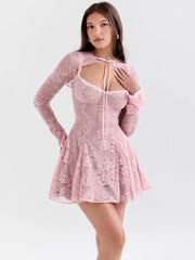 Pink Lace Sheer Long Sleeve Tie Up Neck Mini Dress