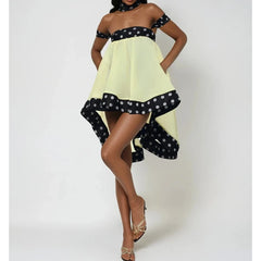Polka Dots Trim Choker Off Shoulder Strap Bubble Mini Dress 