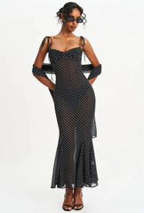 Black Polka Dot Sweetheart Neck Spaghetti Strap Scarf Maxi Dress