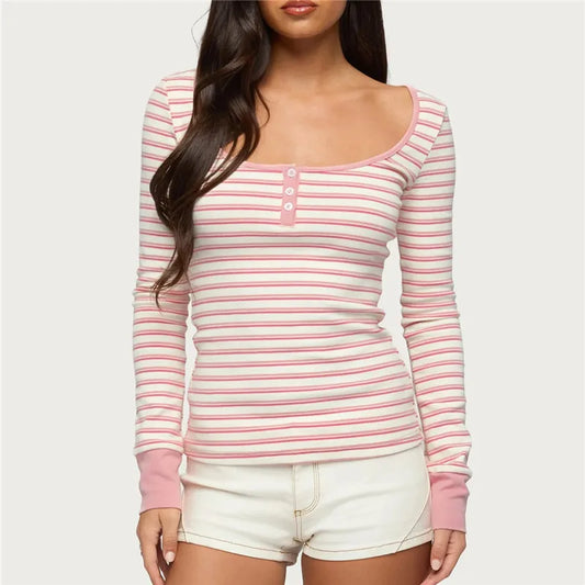 Square Neck Striped Long Sleeve Knit Top