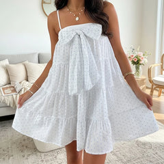 White Cami Polka Dot Bow Square Neck Spaghetti Strap Mini Dress