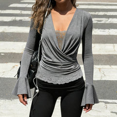 Plunge Flare Long Sleeve Lace Trim Top