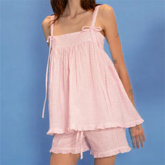 Pink Bow Strap Babydoll Top and Shorts Matching Set