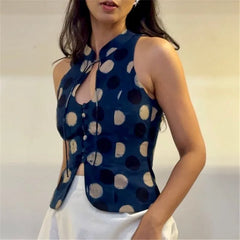 Gingham Keyhole Tie Collar Tank Top
