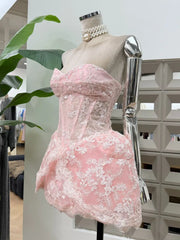 Strapless Lace Fitted Flared Mini Dress