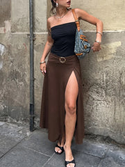 Brown Belted Slit Midi Skirt