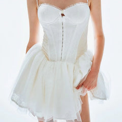 White Spaghetti Strap Corset Tulle Mini Dress