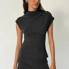 Solid Waist-Cinching Button Mock Neck Top