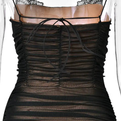 Black Mesh Spaghetti Strap Ruched Draped Maxi Dress