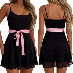 Black Cami Pink Ribbon Tie Mini Dress